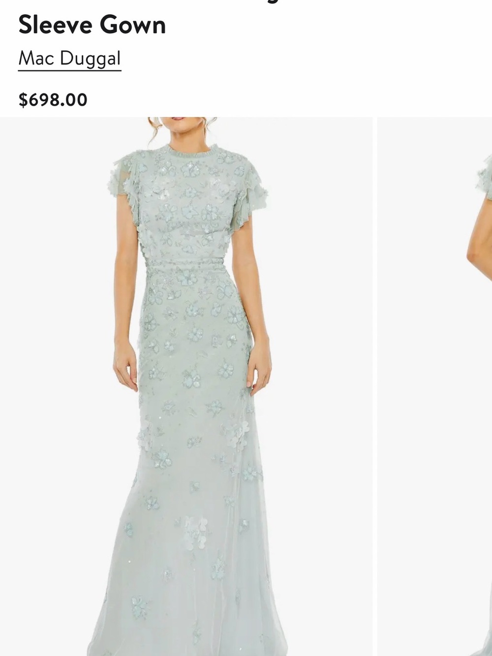 Mac Duggal Mint Green Floral Appliqué Flutter Sleeve Maxi Gown